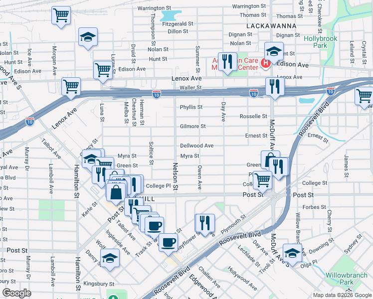 map of restaurants, bars, coffee shops, grocery stores, and more near 3323 Myra Street in Jacksonville