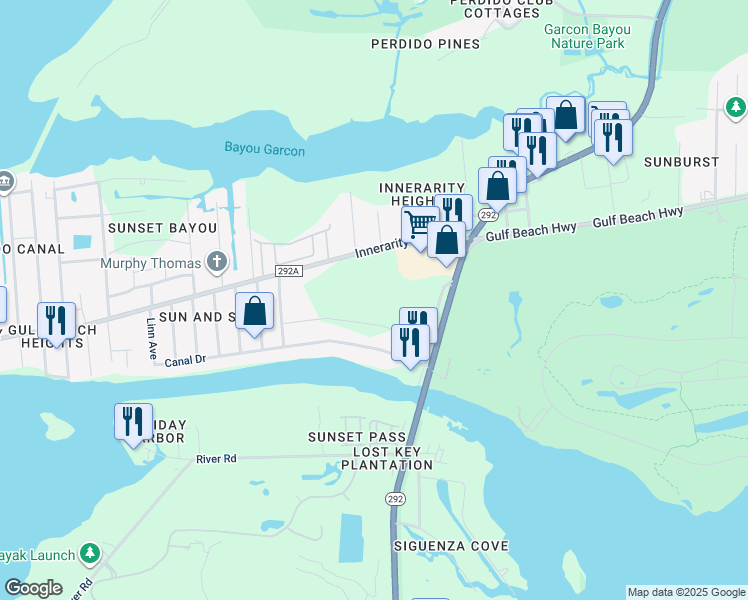 map of restaurants, bars, coffee shops, grocery stores, and more near 13450 Perdido Key Drive in Pensacola