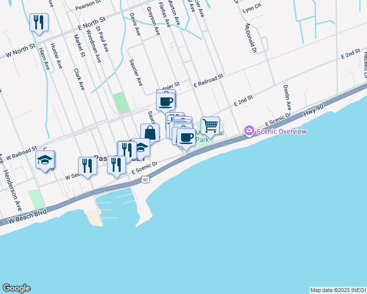 map of restaurants, bars, coffee shops, grocery stores, and more near 259 East Scenic Drive in Pass Christian