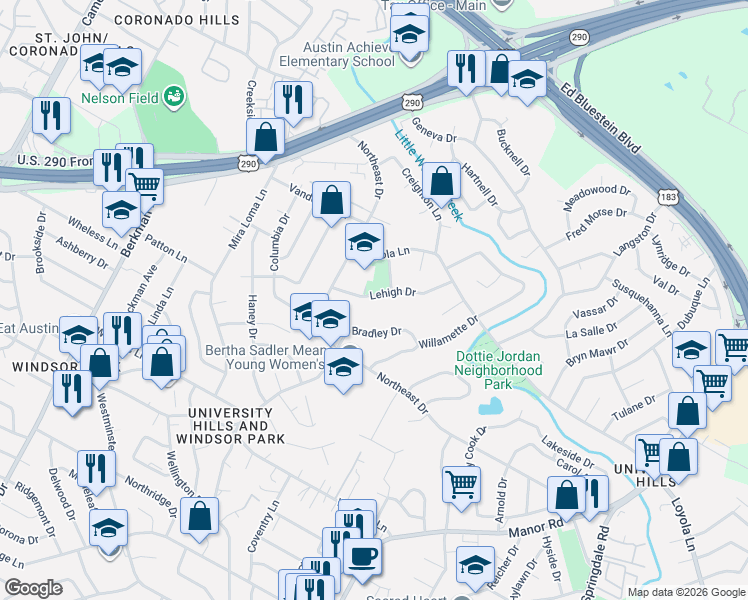 map of restaurants, bars, coffee shops, grocery stores, and more near 2307 Lehigh Drive in Austin