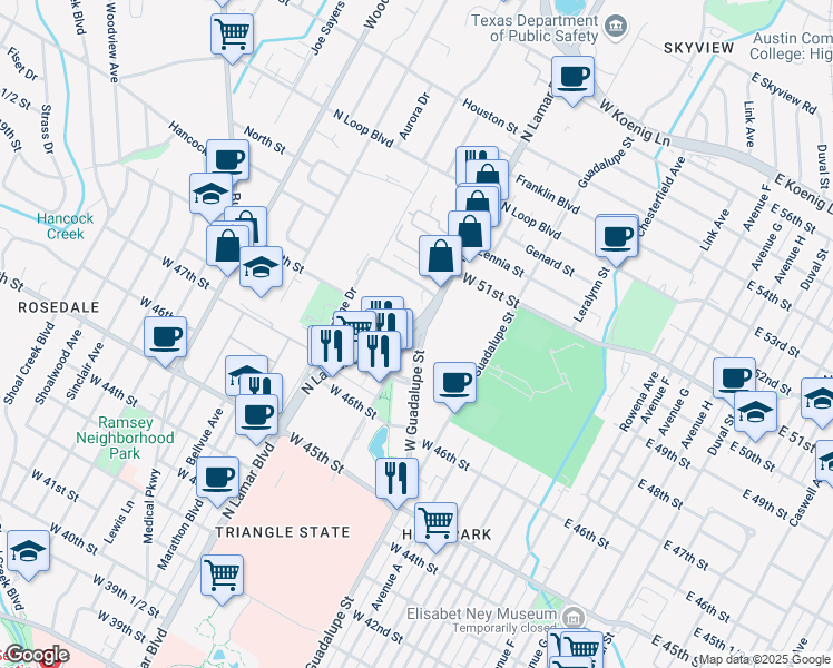 map of restaurants, bars, coffee shops, grocery stores, and more near 4847 North Lamar Boulevard in Austin