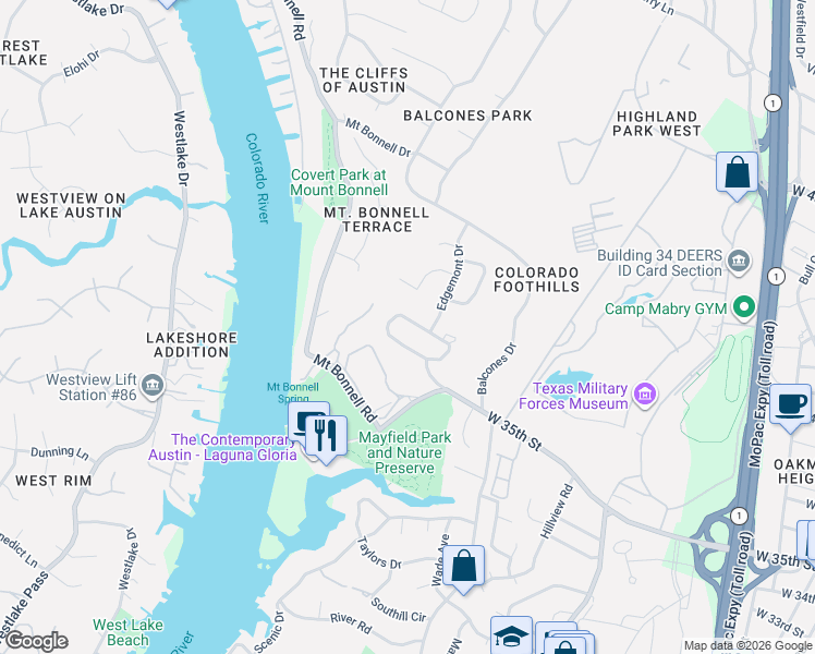 map of restaurants, bars, coffee shops, grocery stores, and more near 3411 Foothill Terrace in Austin