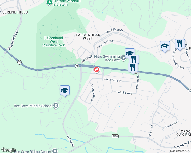 map of restaurants, bars, coffee shops, grocery stores, and more near 15816 Cinca Terra Drive in Austin