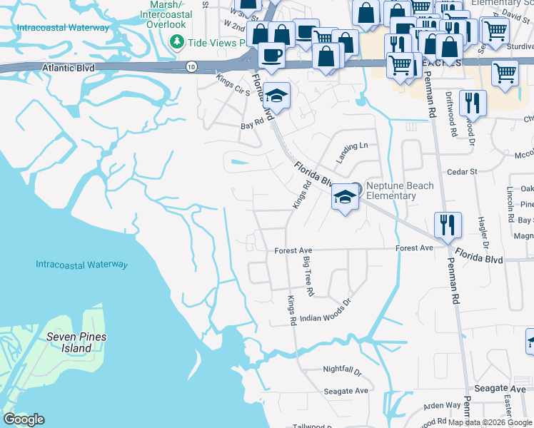 map of restaurants, bars, coffee shops, grocery stores, and more near 1919 Strickland Road in Neptune Beach