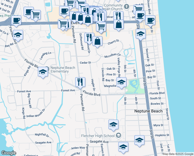 map of restaurants, bars, coffee shops, grocery stores, and more near 1010 Seawood Drive in Neptune Beach