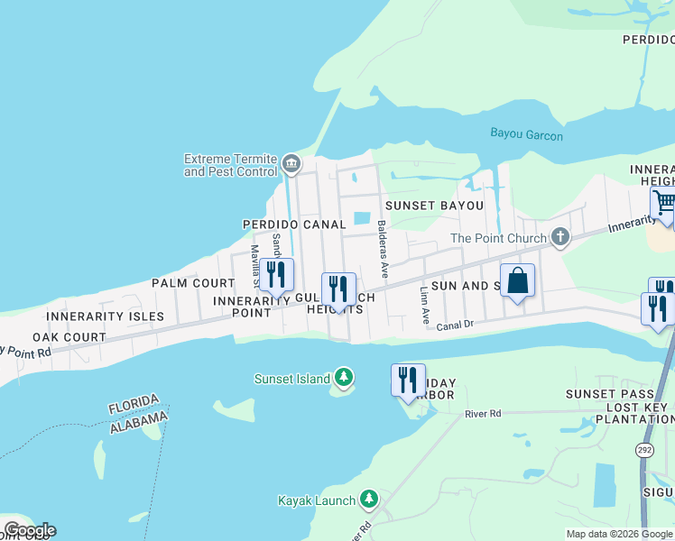 map of restaurants, bars, coffee shops, grocery stores, and more near 5656 Cruzat Way in Pensacola