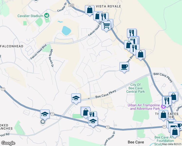 map of restaurants, bars, coffee shops, grocery stores, and more near 4104 Gandara Bend in Bee Cave