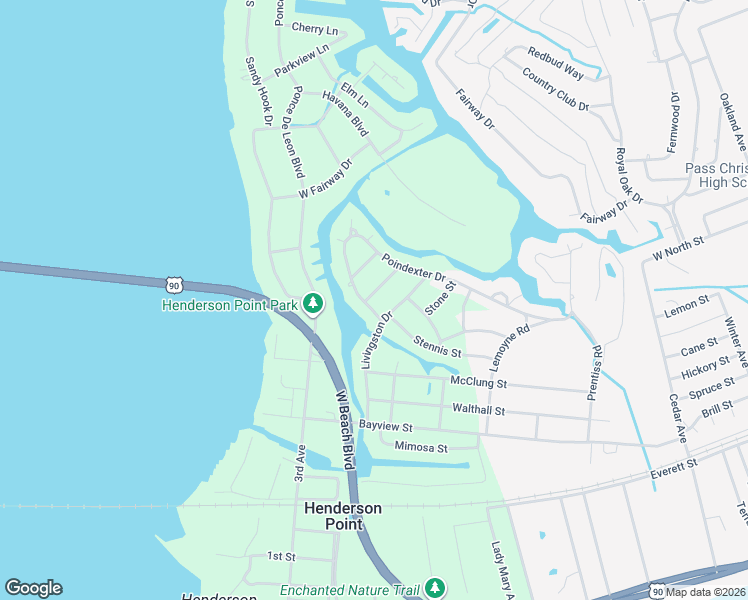 map of restaurants, bars, coffee shops, grocery stores, and more near 345 Poindexter Drive in Pass Christian