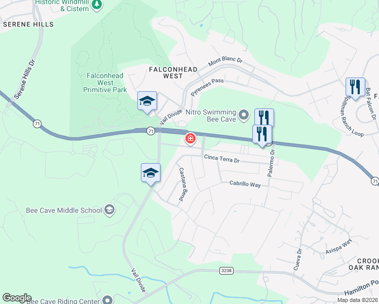 map of restaurants, bars, coffee shops, grocery stores, and more near 15816 Cinca Terra Drive in Austin
