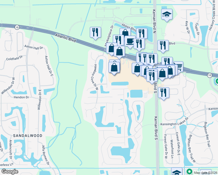 map of restaurants, bars, coffee shops, grocery stores, and more near 1769 Hawkins Cove Drive East in Jacksonville