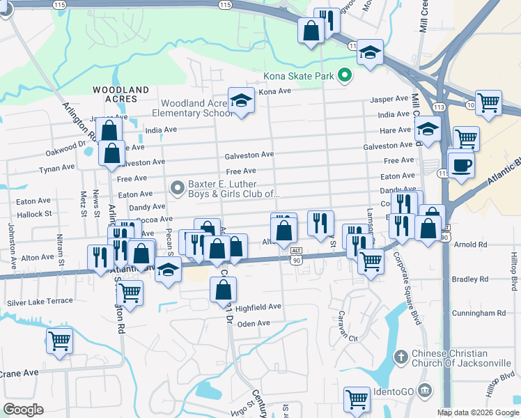 map of restaurants, bars, coffee shops, grocery stores, and more near 8307 Cocoa Avenue in Jacksonville