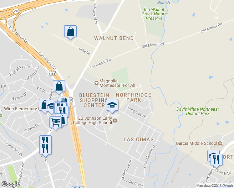 map of restaurants, bars, coffee shops, grocery stores, and more near 7514 Lazy Creek Drive in Austin