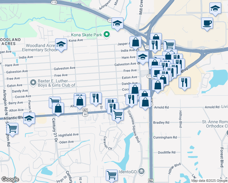 map of restaurants, bars, coffee shops, grocery stores, and more near 8830 Cocoa Avenue in Jacksonville