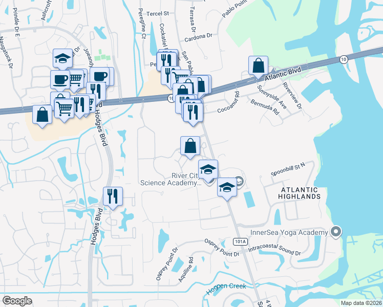 map of restaurants, bars, coffee shops, grocery stores, and more near 1700 San Pablo Road South in Jacksonville
