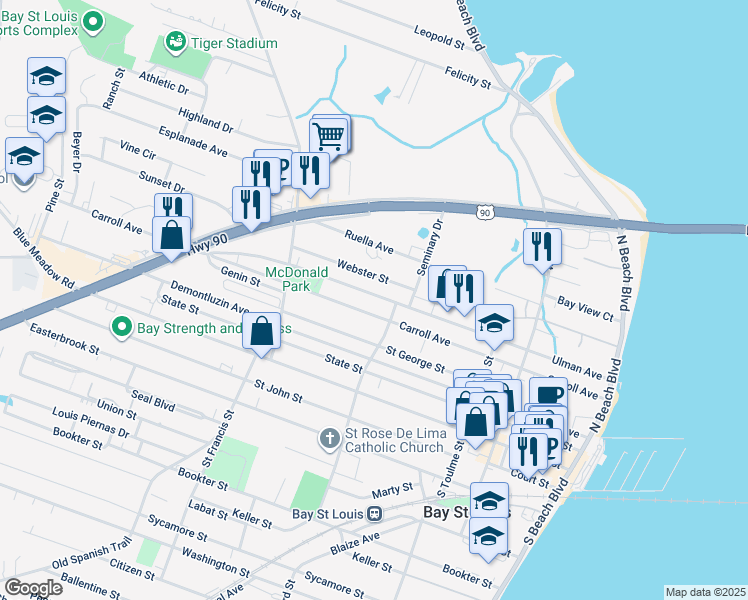 map of restaurants, bars, coffee shops, grocery stores, and more near 408 Ulman Avenue in Bay St. Louis