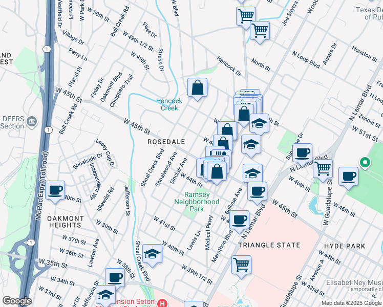 map of restaurants, bars, coffee shops, grocery stores, and more near 4501 Sinclair Avenue in Austin
