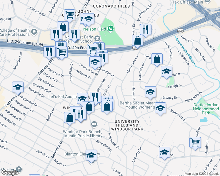 map of restaurants, bars, coffee shops, grocery stores, and more near 6405 Linda Lane in Austin