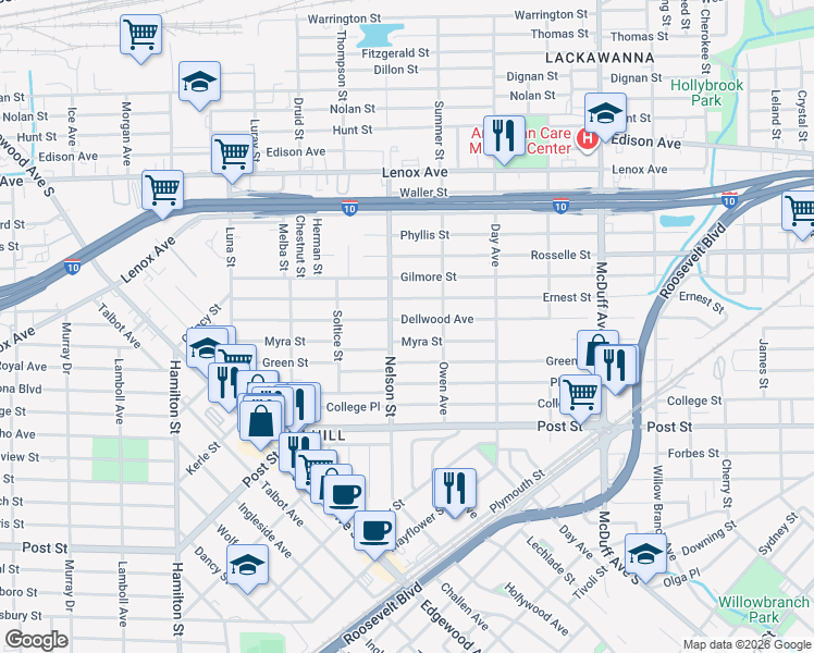 map of restaurants, bars, coffee shops, grocery stores, and more near 3342 Dellwood Avenue in Jacksonville