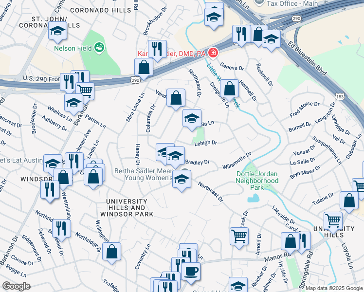 map of restaurants, bars, coffee shops, grocery stores, and more near 2307 Lehigh Drive in Austin