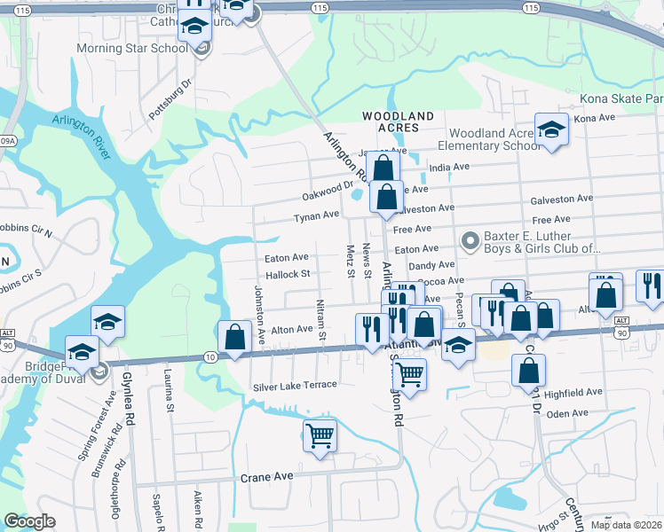 map of restaurants, bars, coffee shops, grocery stores, and more near 7225 Hallock Street in Jacksonville