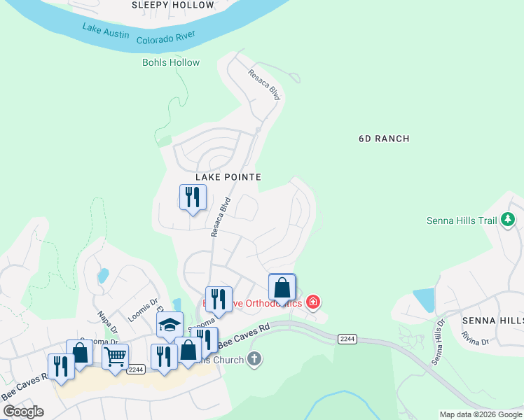 map of restaurants, bars, coffee shops, grocery stores, and more near 10709 Pointe View Drive in Austin