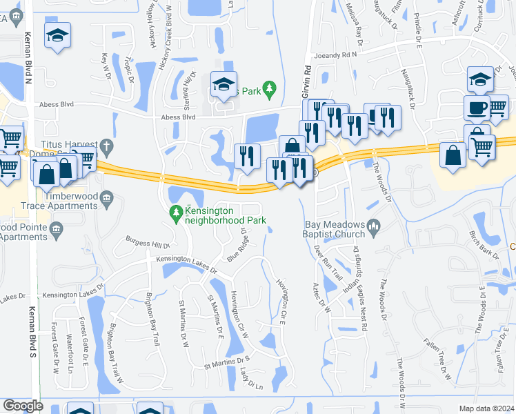 map of restaurants, bars, coffee shops, grocery stores, and more near 12652 Ashmore Green Drive North in Jacksonville