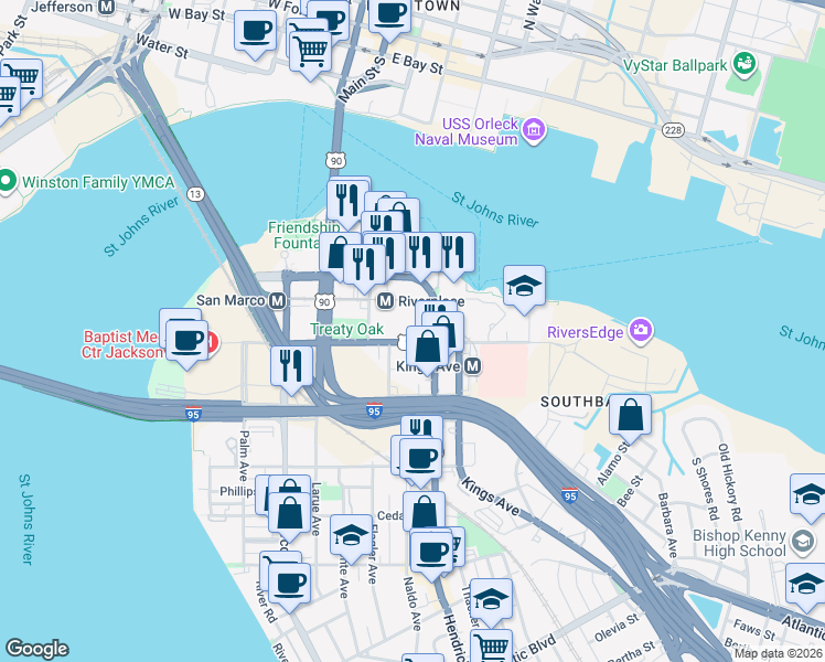map of restaurants, bars, coffee shops, grocery stores, and more near 1413 Prudential Drive in Jacksonville