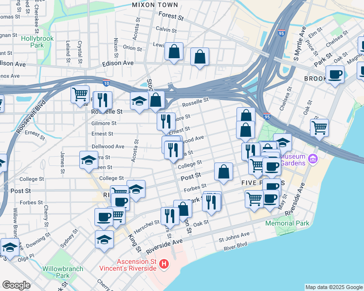 map of restaurants, bars, coffee shops, grocery stores, and more near 2316 Dellwood Avenue in Jacksonville