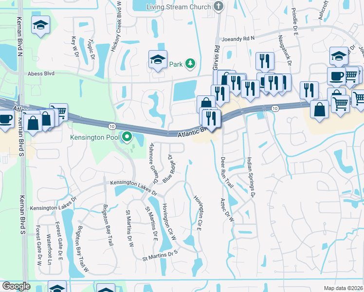 map of restaurants, bars, coffee shops, grocery stores, and more near 12639 Ashmore Green Drive South in Jacksonville