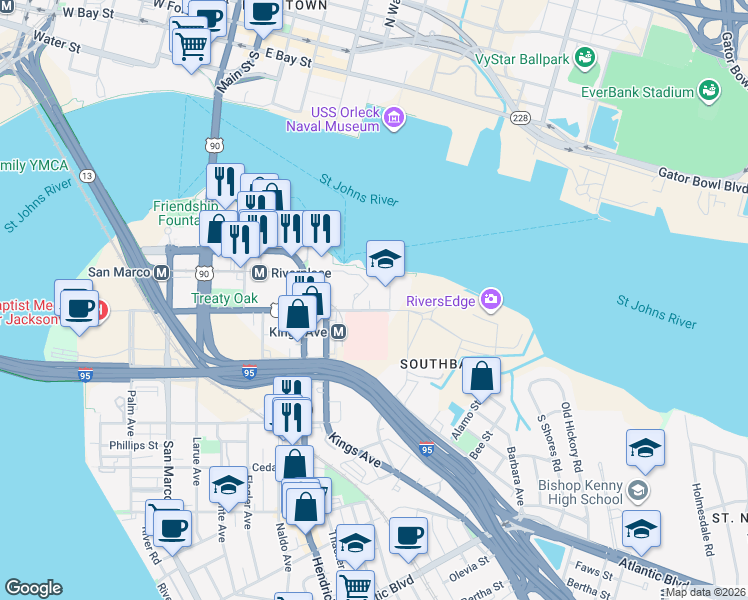 map of restaurants, bars, coffee shops, grocery stores, and more near 1655 Prudential Drive in Jacksonville