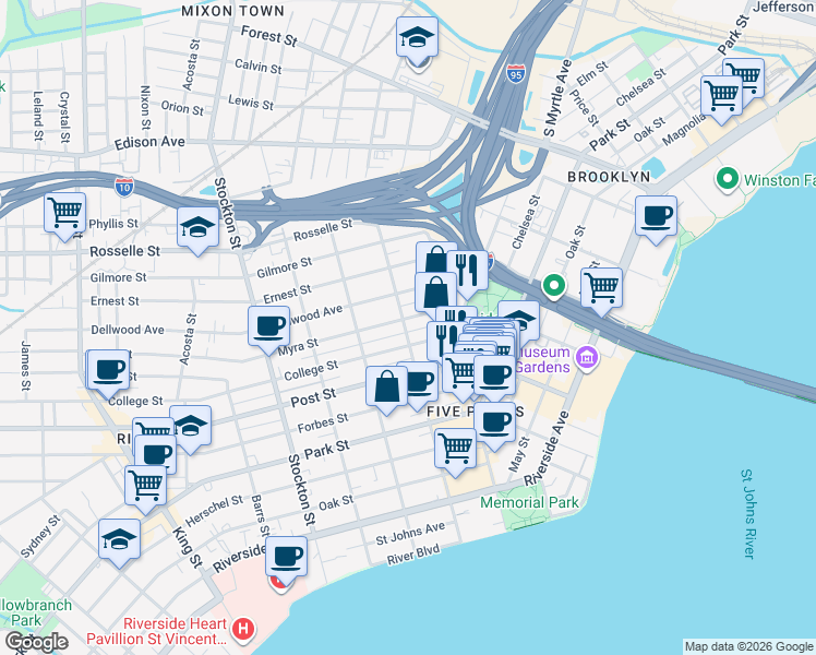 map of restaurants, bars, coffee shops, grocery stores, and more near 873 Goodwin Street in Jacksonville