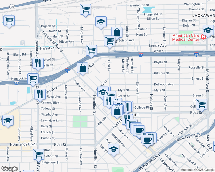 map of restaurants, bars, coffee shops, grocery stores, and more near 629 Comet Street in Jacksonville