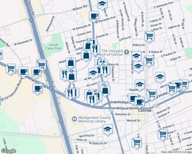 map of restaurants, bars, coffee shops, grocery stores, and more near 907 West Austin Street in Conroe
