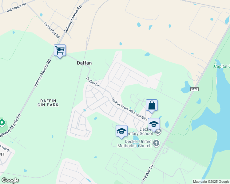 map of restaurants, bars, coffee shops, grocery stores, and more near 7691 Daffan Lane in Austin