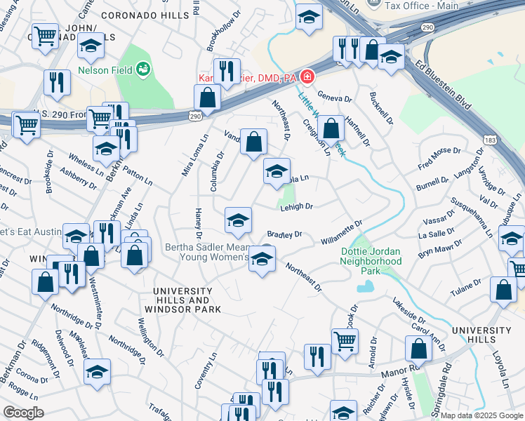 map of restaurants, bars, coffee shops, grocery stores, and more near 2307 Lehigh Drive in Austin