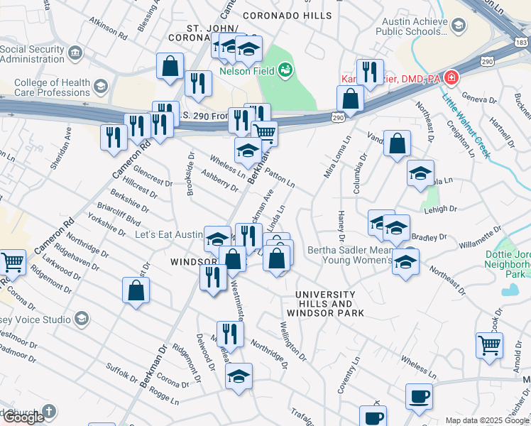 map of restaurants, bars, coffee shops, grocery stores, and more near 1810 Peggy Street in Austin