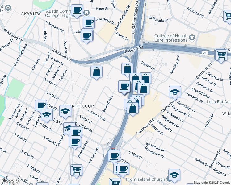 map of restaurants, bars, coffee shops, grocery stores, and more near 5511 Bennett Avenue in Austin