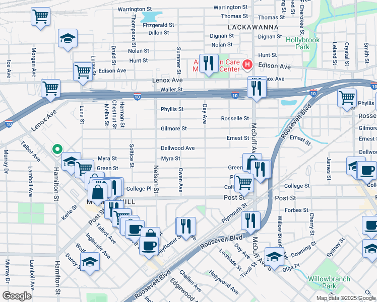 map of restaurants, bars, coffee shops, grocery stores, and more near 3242 Dellwood Avenue in Jacksonville