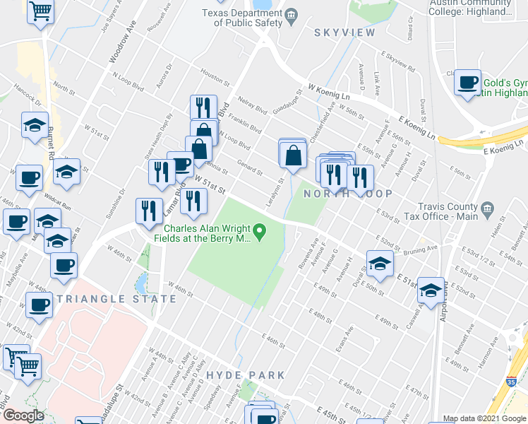 map of restaurants, bars, coffee shops, grocery stores, and more near W 51st St & Leralynn St in Austin