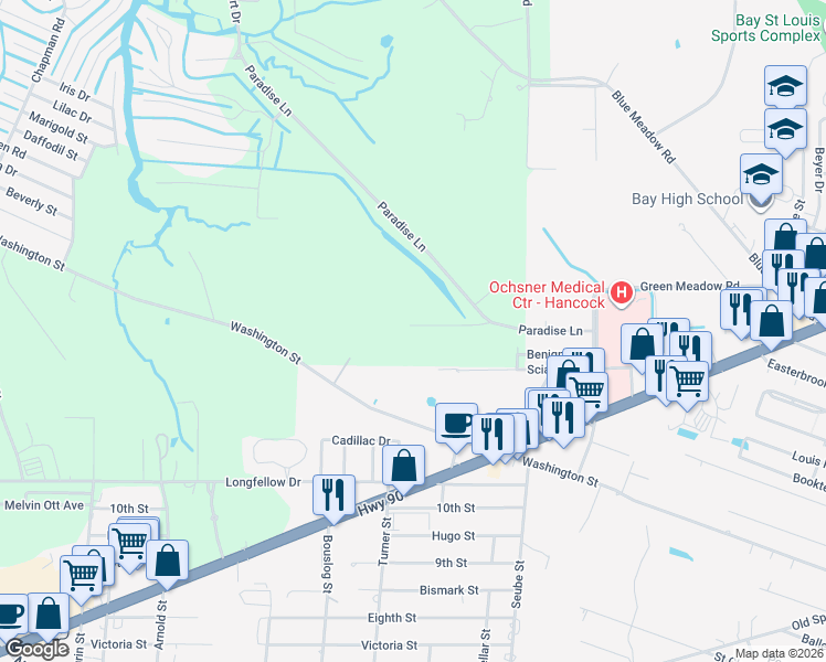 map of restaurants, bars, coffee shops, grocery stores, and more near 10053 Kingston Road in Bay St. Louis
