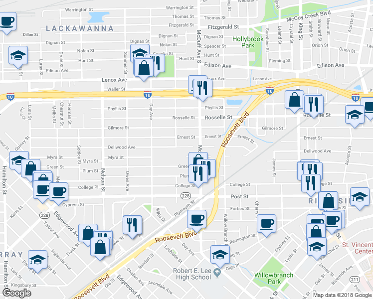 map of restaurants, bars, coffee shops, grocery stores, and more near 3036 Dellwood Avenue in Jacksonville