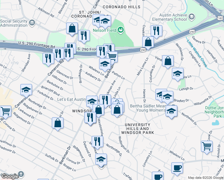 map of restaurants, bars, coffee shops, grocery stores, and more near 1810 Peggy Street in Austin