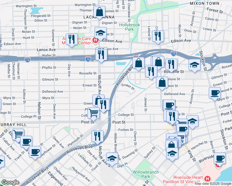 map of restaurants, bars, coffee shops, grocery stores, and more near 817 Willow Branch Avenue in Jacksonville