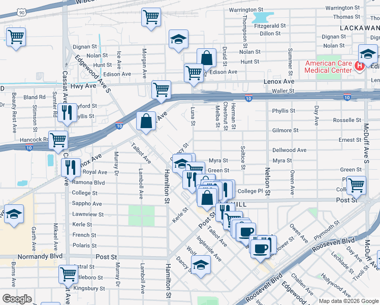 map of restaurants, bars, coffee shops, grocery stores, and more near 629 Comet Street in Jacksonville
