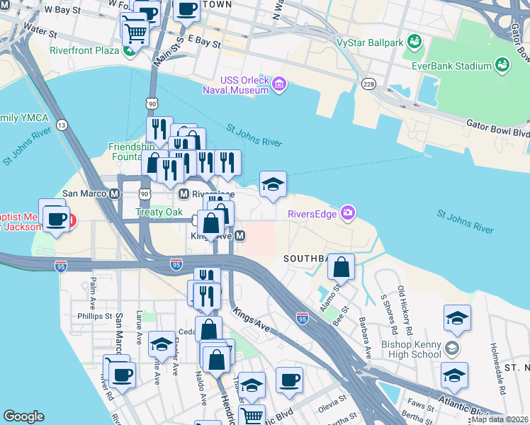 map of restaurants, bars, coffee shops, grocery stores, and more near 1655 Prudential Drive in Jacksonville