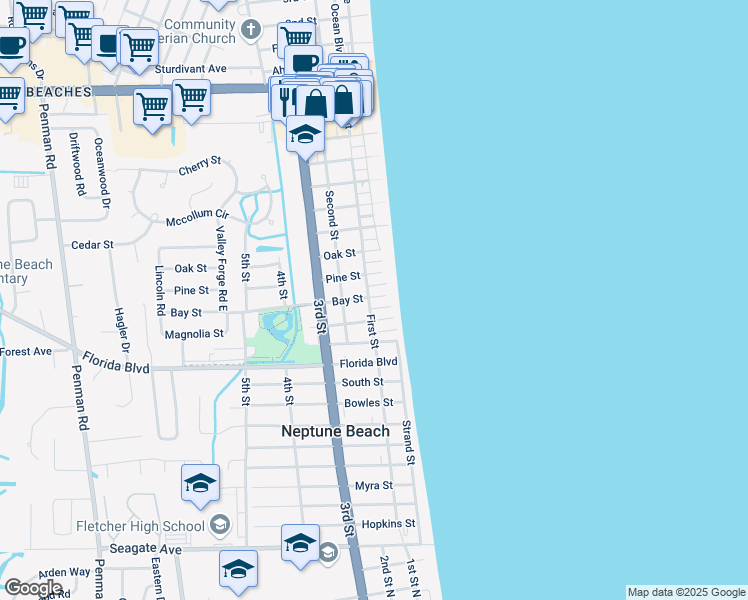 map of restaurants, bars, coffee shops, grocery stores, and more near 110 Palm Place in Neptune Beach