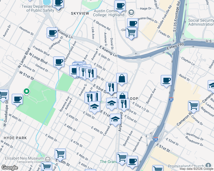 map of restaurants, bars, coffee shops, grocery stores, and more near 5310 Evans Avenue in Austin