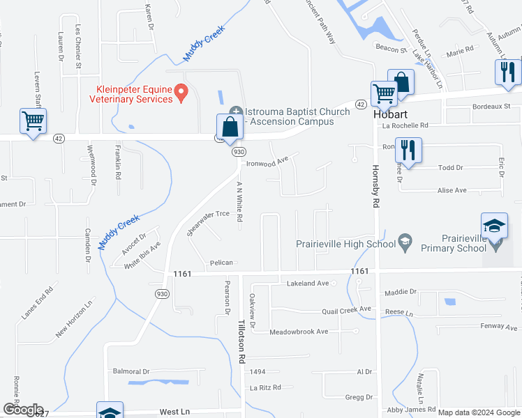 map of restaurants, bars, coffee shops, grocery stores, and more near 39318 Hunters Trace North in Prairieville