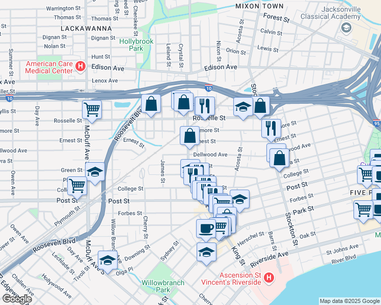 map of restaurants, bars, coffee shops, grocery stores, and more near 2704 Dellwood Avenue in Jacksonville