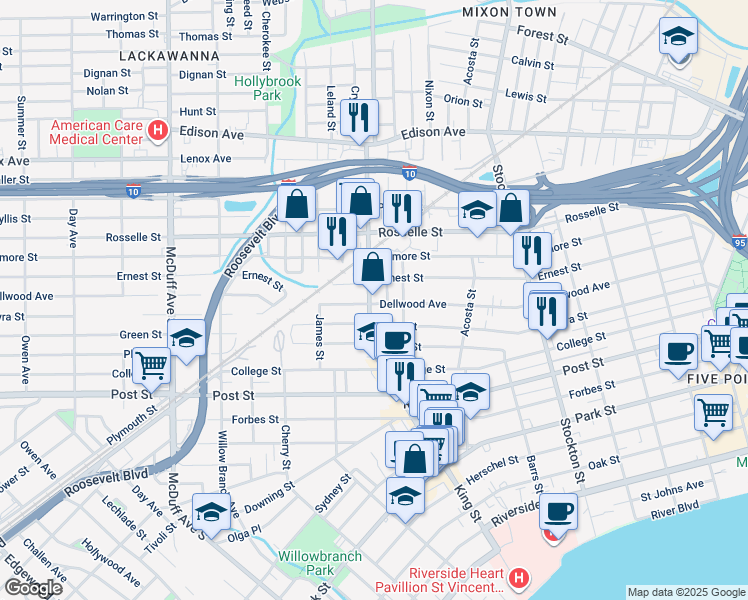 map of restaurants, bars, coffee shops, grocery stores, and more near 757 King Street in Jacksonville